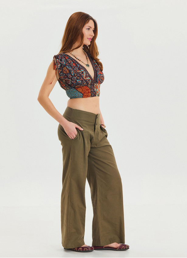 Pleated Bias Cut Buttoned Earth Color Bohemian Trousers 4464